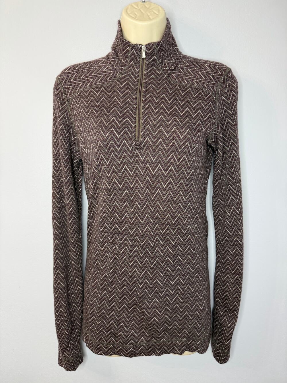 SMARTWOOL Merino Wool Chevron Stripe 1/4 Zip Baselayer Women's M Multi Brown